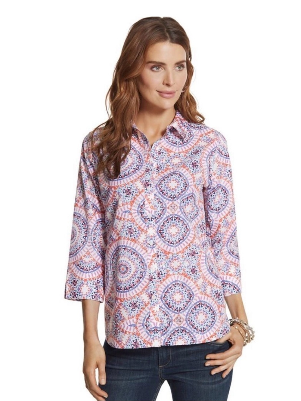 Chico's Pink and Blue Medallion Button-Down Shirt, Chico’s 0, small, 4